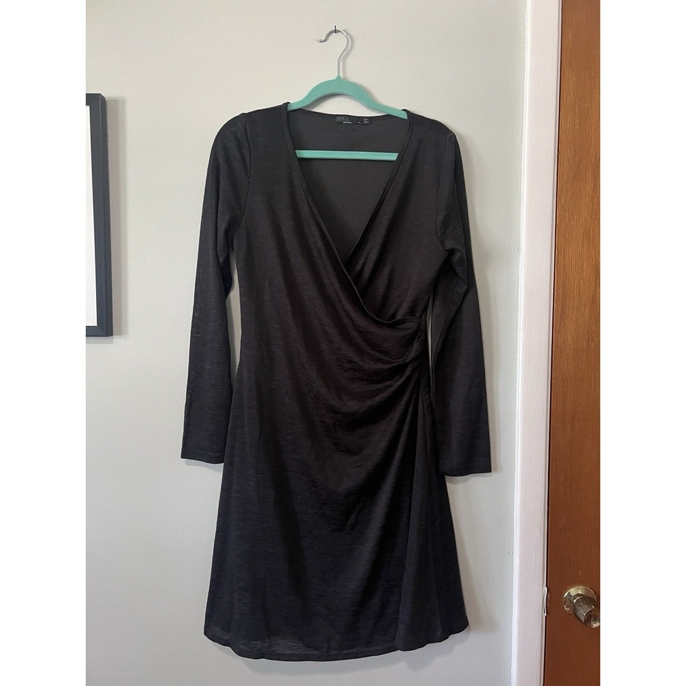 Prana Faux Wrap V-Neck Long Sleeve Dress Heather Black Women Large